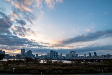 Gündoğumu sırasında arkaplanda bir nehir ve binaların bulunduğu bir park manzarası (Umeda, Osaka, Japonya) (20221208-020)