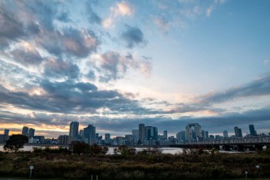 Gündoğumunda arkaplanda bina ve köprü bulunan bir parkın görüntüsü (Umeda, Osaka, Japonya) (20221208-018)