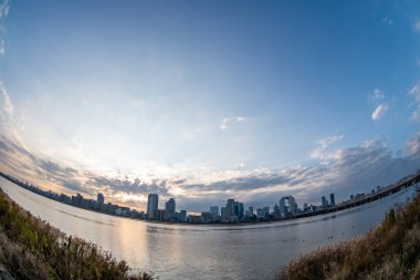 Arka planda mavi gökyüzü, bazı bitkiler ve Umeda şehri (Umeda, Osaka, Japonya) (2021220-018) ile nehir kenarı manzarası)