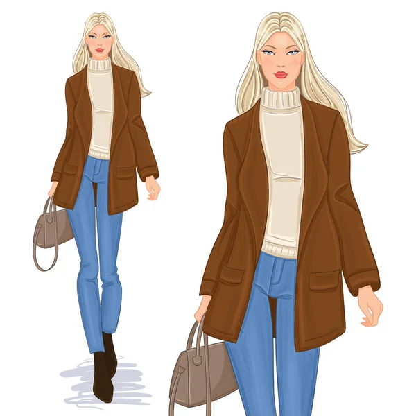 Vektorové Ručně Kreslené Módní Ilustrace Krásné Mladé Blondýny Zimním Oblečení — Stockový vektor