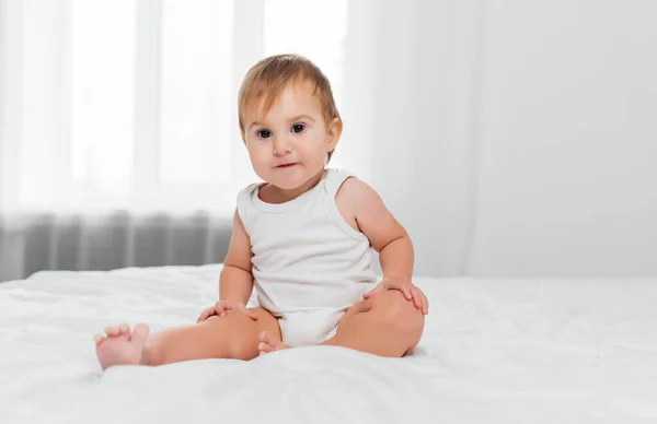 Cute Happy Month Old Baby Girl Diaper Lying Playing — Stock Photo, Image