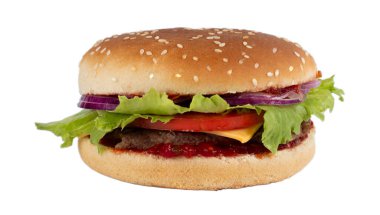 Beyaz arka planda bir hamburgerin görüntüsüne odaklan..