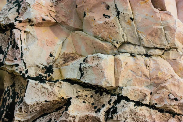 Βαμμένο Μπεζ Ροζ Γκρίζο Κοφτερή Μουχλιασμένη Επιφάνεια Βράχου Μαύρα Βρύα — Φωτογραφία Αρχείου