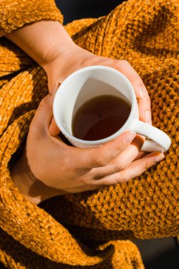 Beyaz bardak bardağı elinde tutan kadın elleri üst tarafta. Sarı ekoseye sarılı kadın, sonbahar gününde sıcak içecek, siyah çay içiyor. İyi sabahlar. Sonbahar, kış sıcacık güneşli bir gün. Rahat ol, keyfine bak.
