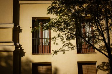 Bej rengi eski bina pencereleri, balkonlar, Avrupa caddelerinde kontrastlı gölgeler, güneşli bir günde yeşil dallanan bir ağaç. İyi korunmuş klasik İspanyol mimarisi. Apartman cephesi. Seyahat kavramı