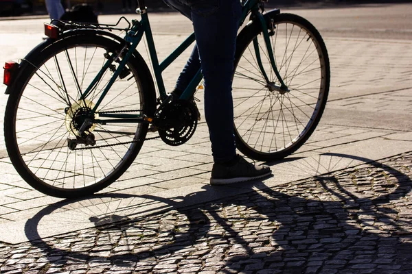 Gamla Klassiska Vintage Cykelhjul Ekrar Skugga Cykel Lämnar Kontrasterande Skuggor — Stockfoto