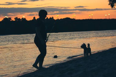 Sahilde yürüyen ve gün batımında küçük bir köpekle oynayan bir kadının silüeti. İnsan ve hayvan evcil hayvanın etkileşimi. Nehir kıyısında metresin yanında zıplayan bir köpek yavrusu.