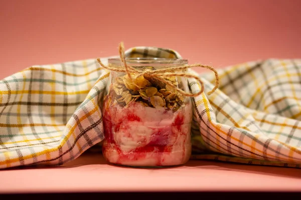 Strawberry Yogurt Granola Muesli Glass Jar Pink Background Rustic Kitchen — Stockfoto