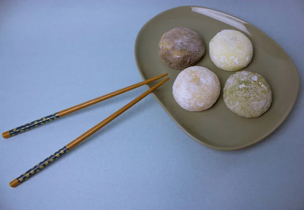 Chopsticks Traditional Japanese Dessert Mochi Daifuku Rice Dough Close Four — Foto Stock