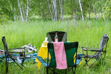 Kyiv, Ukrayna. 1 Mayıs 2021 Katlanan sandalyeler, masa - piknik için bahçe mobilyaları, vahşi doğada dinlenme. Ormanların doğal manzarası, yazları orman. Dışarıda içki içiyorum. Rahatlayan insanlar yok.