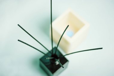 Aroma diffuser in a black glass jar with black bamboo sticks on a light background top view SELECTIVE FOCUS. A fragrance for home. A white natural candle. Decor, details for a cozy modern interior.