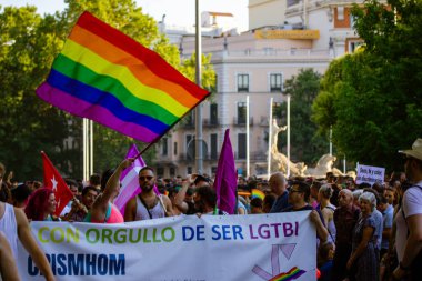 Madrid, Spain. July 20, 2022 Crowd of people on Pride Month. Sociedad at a march in defense of minority rights holding rainbow flags and posters in support of equality, equal rights, diversity freedom