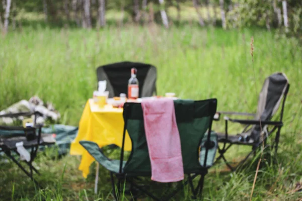 Picnic in green summer blurred background. Garden furniture - folding table, chairs, utensils for relaxing against natural landscape, wild nature reserve, park, forest, wood. Travel trip camping