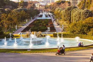 Zaragoza, Spain. February 16, 2023 Great City Park Grande Jose Antonio Labordeta with botanical gardens, sculptures, fountains, trees, bushes panoramic view. Journey, travel vacations in Europe. 