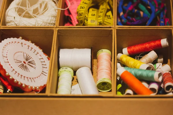 Needlework Set Brass Box Top View Multicolored Skeins Thread Cardboard — Fotografia de Stock