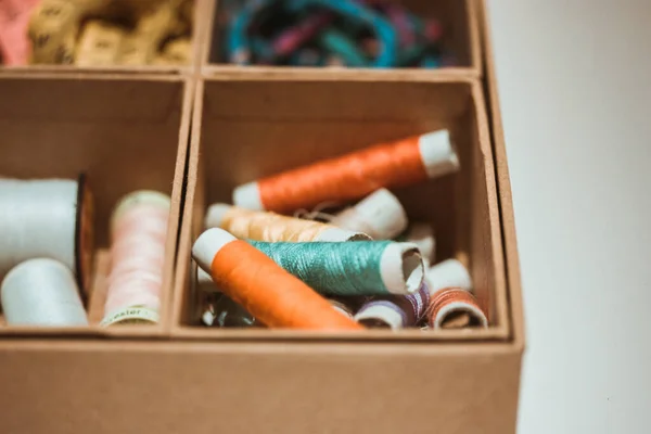 Needlework Set Brass Box Multicolored Skeins Thread Cardboard Wooden Box — Fotografia de Stock