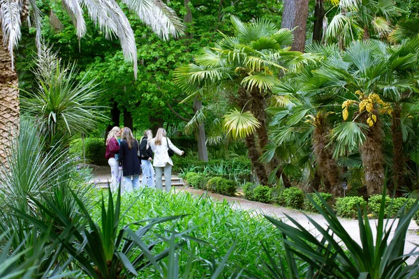 Madrid Spain July 2022 People Walking Botanical Garden Tall Trees —  Fotos de Stock