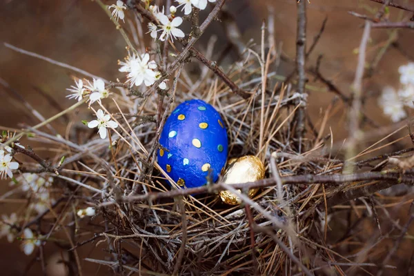 Multicolored Blue Gold Easter Eggs Bird Nest Festive Spring Brown — Stock Photo, Image
