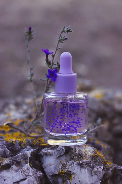 美容液付きの化粧品ボトル ドロッパー付きのガラス瓶 ペレットの入った紫色のキューティクルオイルはラベンダーの香りがします 美容治療の概念 アンチエイジング製品 代替医療テキストのコピースペース — ストック写真