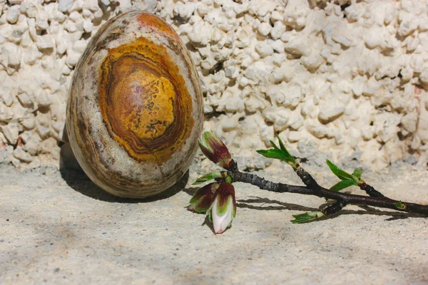Huevo Pascua Con Textura Piedra Marrón Natural Sobre Fondo Beige —  Fotos de Stock