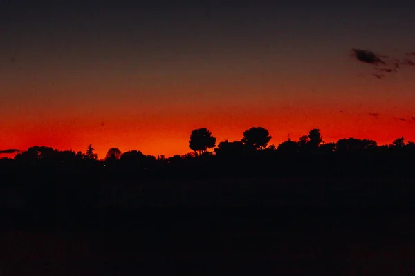Σιλουέτες Μαύρων Δέντρων Έναν Κόκκινο Ουρανό Ηλιοβασιλέματος Βράδυ Γίνεται Νύχτα — Φωτογραφία Αρχείου