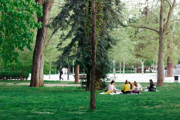 西班牙马德里 2023年4月7日 人们在春天 夏天的城市绿地公园里放松了下来 一群朋友坐在绿草上野餐 户外活动 在草坪上休闲 青春有乐趣 — 图库照片