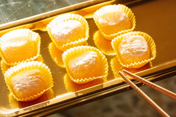 Yellow Mango Lemon Mochi Mochies Wooden Chopsticks Golden Tray Top — Stock Photo, Image