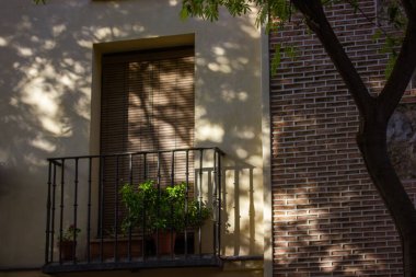 Eski bir konut binasının ön cephesi, rahat bir balkonu ve sabah ışığında doğal gölgeleri olan taş tuğlalı bir ev. Avrupa sokak mimarisi. Bir ev manzarası. Dekoratif bitkilerle dolu ev bahçesi