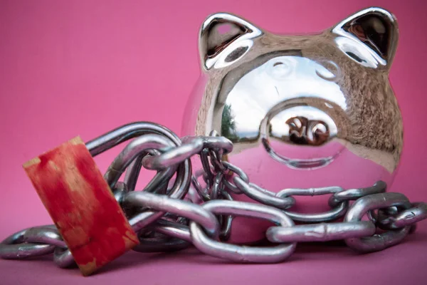 Chrome Silver Shiny Pig Shaped Piggy Bank Secured Heavy Metal — Stock Photo, Image