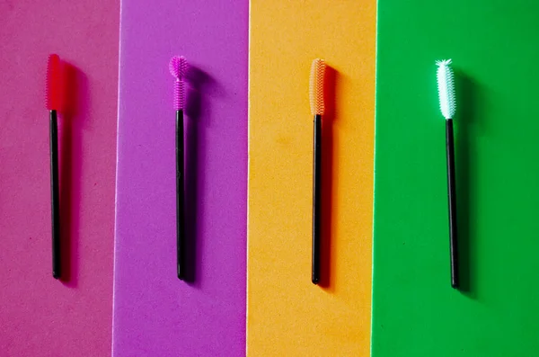Set Multicolored Silicone Mascara Brushes Multicolored Bright Background Green Pink — Stock Photo, Image
