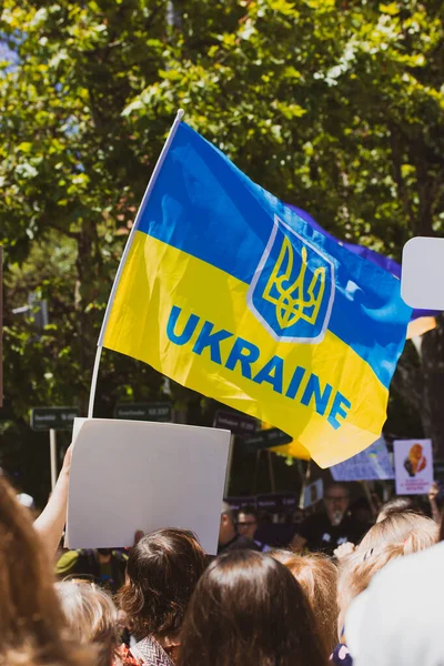 Yellow Blue National Flag Ukraine Waving Hand Crowd People Patriots — Fotografia de Stock