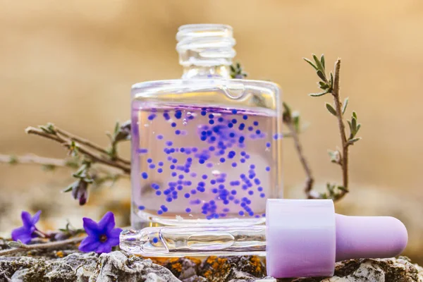 stock image Cosmetic bottle with facial serum. Glass jar with a dropper. Purple cuticle oil with pellets has lavender scent. Beauty treatment concept. Anti aging products. Alternative medicine Copy space for text