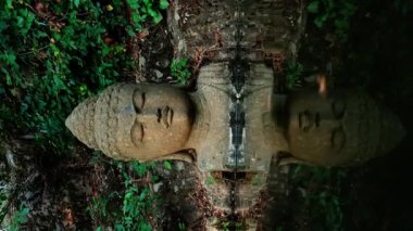 Vahşi ormandaki bir şelalenin arka planında Buda 'nın taş gibi antik heykeli. Doğada mistik bir yer. Dini bir kavram. Doğa parkı, rezerv, gizemli orman. Asya yağmur ormanlarının video görüntüleri