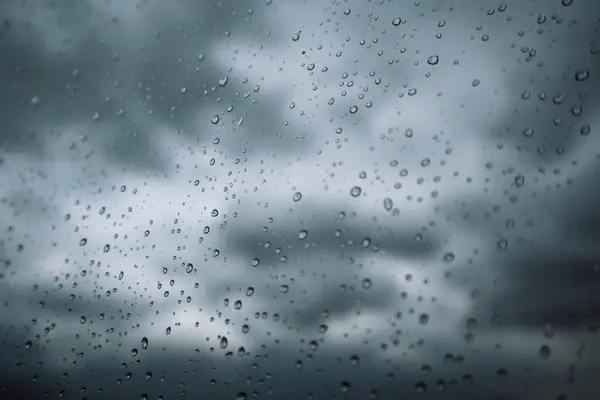 Window Small Raindrops Surface Glass Blue Cloudy Sky Storm Weather —  Fotos de Stock