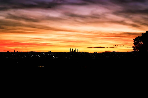 Fantastic Sunset Sky Beautiful View Night City Cuatro Torres Business — Stock Photo, Image