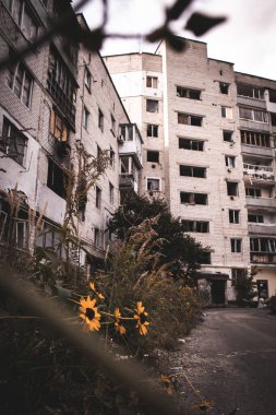 Borodyanka, Ukrayna 30 Eylül 2023 Rus askeri savaşı sırasında Ukraynalılara karşı yıkılan Konut binaları. Rus bombardıman uçaklarının evleri vurduğu bir yerleşim yeri.