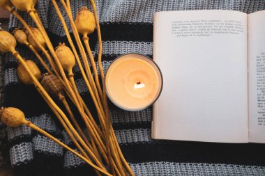 Madrid, İspanya Ekim 12023 örgü örülmüş atkı ya da süveter arka planında sarı mum. Kırsal bir yaşam tarzının rahatlığı. Yavaş yaşam konsepti. Açık kâğıt flüt okuyorum. Kuru çiçekler, bitkiler dekor