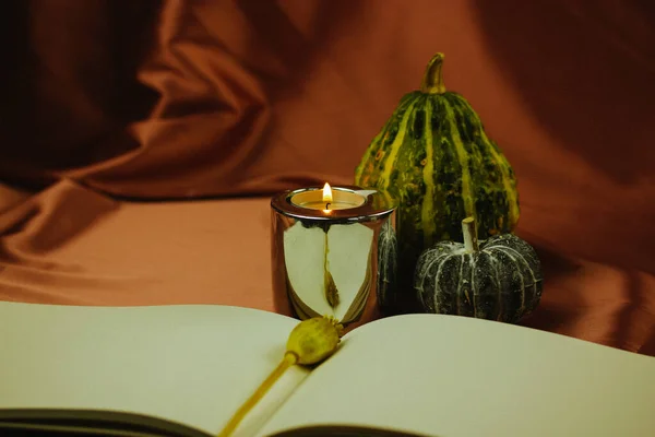 Open drawing pad, blank pages, white shits. Autumn still life in dark key. Burning candle on brown red silk tablecloth. Fine art with vegetables in vintage elegance interior. Small decorative pumpkins