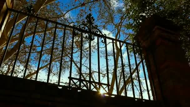 Černé Vysoké Tepané Železo Nebo Kovový Plot Oplocení Zahradě Sluneční — Stock video