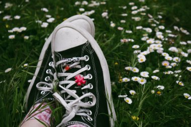 Madrid, İspanya. 7 Ocak 2024. Kadınların ayaklarındaki klasik Converse ayakkabıları. Eski ayakkabılar ve yeşil çimenler. 90 'lar için nostalji. Ormanda dinlenen bir kız..