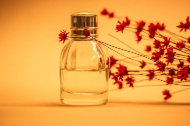 Sarı arka planda tek şeffaf cam parfüm şişesi. Bir buket güzel kırmızı çiçek. Çiçek özü suyu. Metin için boşluk kapat. 