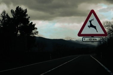 Geyik sembolü ve asfalt yolu olan yol tabelası uzaklardan ve karlı dağ zirvelerinden geçiyor. Kışın arabayla seyahat etmek. Koyu renkli seyahat konsepti fotoğrafı