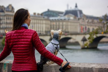 A beautiful young woman in red jacket with small Yorkshire Terrier dog sitting on parapet standing on the banks of a River Seine in Paris. Journey to France with pet. Walking outside on an autumn day. clipart