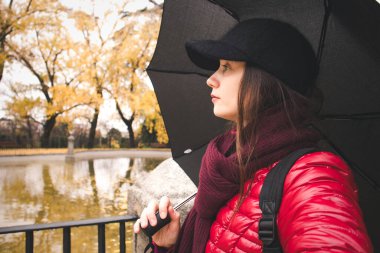 Güz parkında siyah şemsiyeli güzel bir genç kadın, park alanında devrilmiş sarı ağaçlarla dolu bir gölete bakıyor. Sonbahar sezonunda yürüyüşe çıkan bir kız.