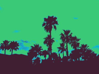Yeşil gökyüzüne karşı palmiye ağaçlarının siluetleri olan poster için soyut yaratıcı arkaplan resmi. Tesisteki tropikal doğa. Yaz tatili. 