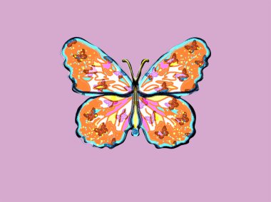 Yumuşak pembe arka planda çok renkli turuncu bir kelebek. Bahar, havada uçan yaz böceği. Alışveriş merkezinin kelebekleri. Basit fantezi