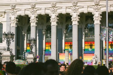 Madrid, Spain. July 11, 2023 The facade of the famous Prado Museum in a center of Spanish capital decorated with rainbow flags in Gay Pride. Diversity clipart