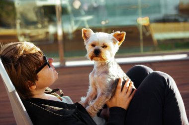 Mutlu bir kadın, ellerinde küçük Yorkshire Teriyeri köpeğiyle güneşli bir terasta dinleniyor. Yazın ev sahibiyle evcil hayvan. Güzel köpek.