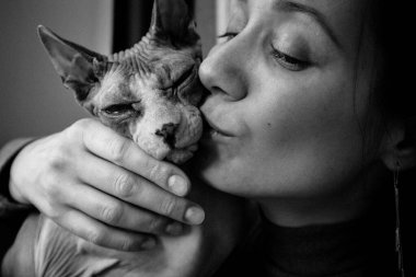 Siyah beyaz bir kedi ve genç bir kadının portresi. Kanada sfenks kedisini öpen bir kız. Sevecen bir şekilde bir kediyi okşayan bir insan. İnsan öpücükleri