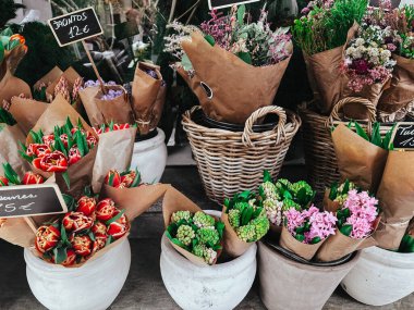 Madrid, İspanya. 2 Mayıs 2024 İlkbaharda bir çiçekçinin bahçesinde çiçek açan bahar çiçekleri sepeti. Sümbüller, çiçek açmış laleler. Bitki sat. 